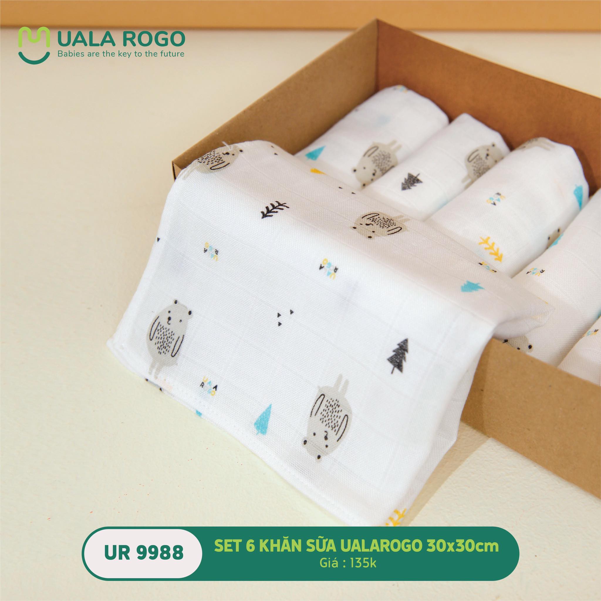 [CHÍNH HÃNG] Set 6 khăn sữa bamboo kích thước 30x30 họa tiết Uala Rogo