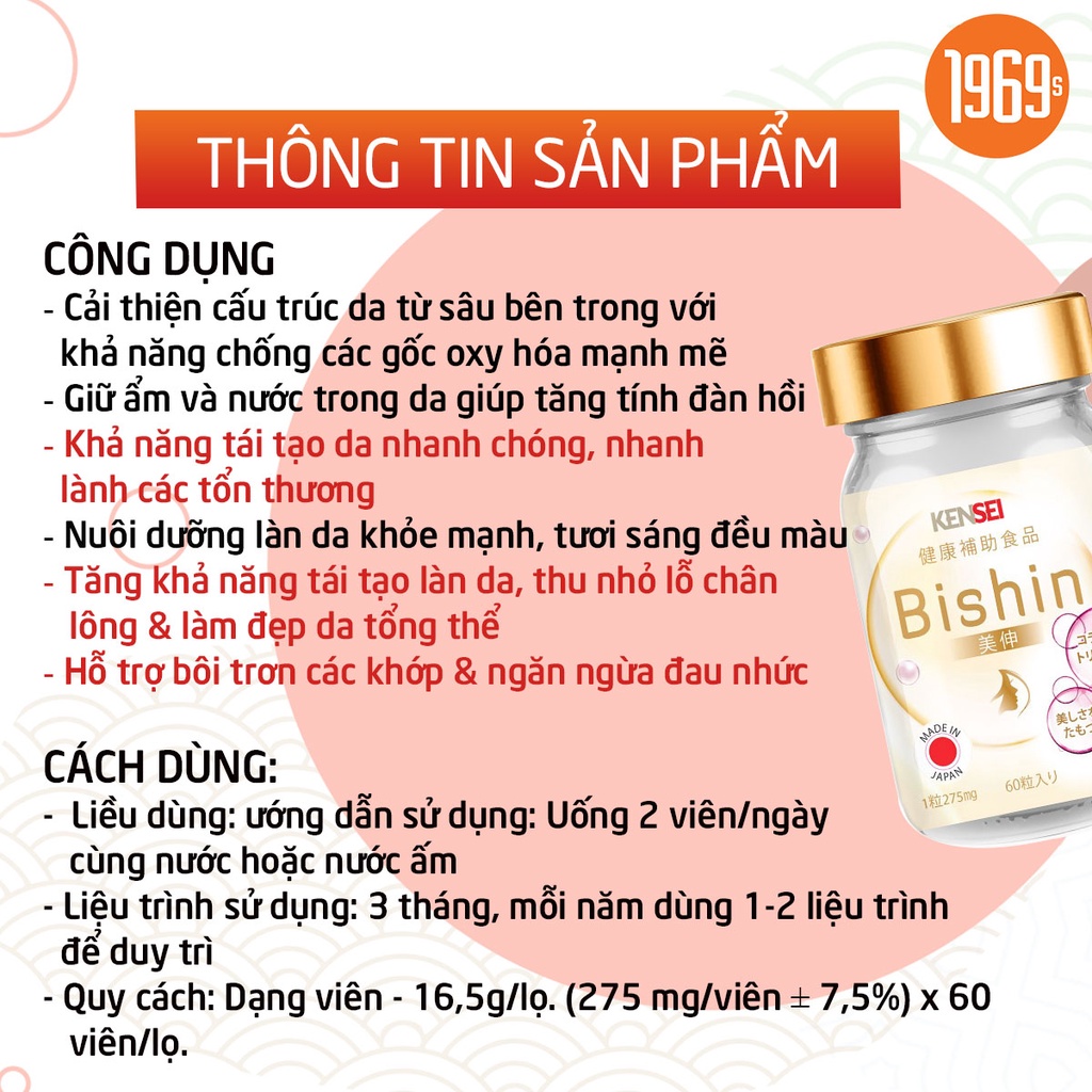 Viên uống Collagen Tripeptide Bishin Nhật Bản ngăn ngừa lão hóa, trắng sáng, mờ nám trẻ hóa da 60 viên - 1969s Việt Nam