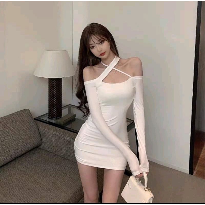 Đầm ôm body phối dây chéo cổ chất vải borip xịn co giãn tốt cam kết hàng Y hình kèm ảnh thật chính chủ (size từ 40-52kg)