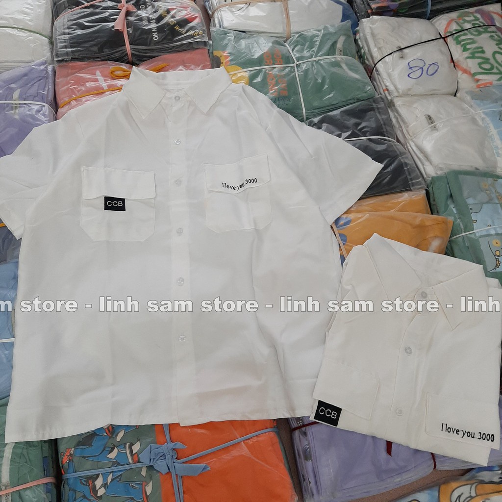 Áo sơ mi học sinh nữ tay ngắn - lỡ, form ulzzang freesize unisex, dáng rộng, mặc đi học, thêu chữ I LOVE YOU 3000 TRẮNG