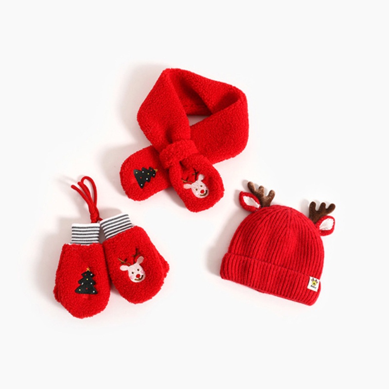 Bộ 3 Món Nón + Găng Tay + Khăn Choàng + Nón Len Hình Tuần Lộc Giáng Sinh Dễ Thương Cho Bé