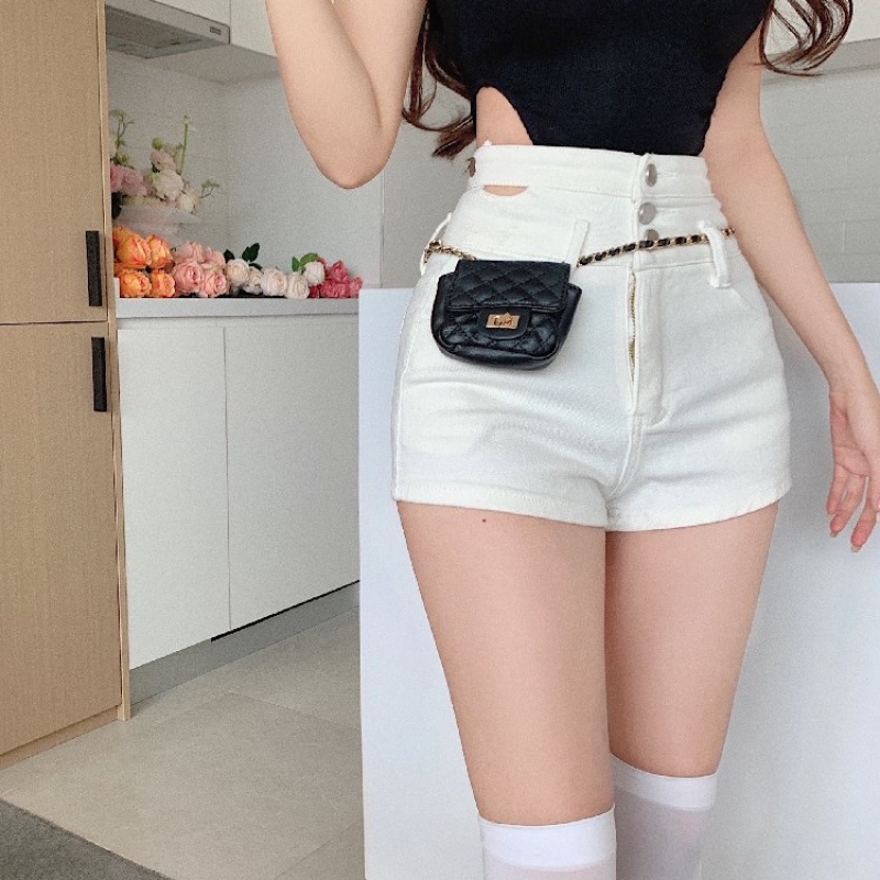 Quần Short Denim Lưng Cao Thiết Kế Khoét Lỗ Quyến Rũ