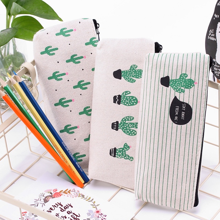 Túi đựng bút vải Canvas có khóa kéo họa tiết xương rồng dễ thương dành cho học sinh, sinh viên