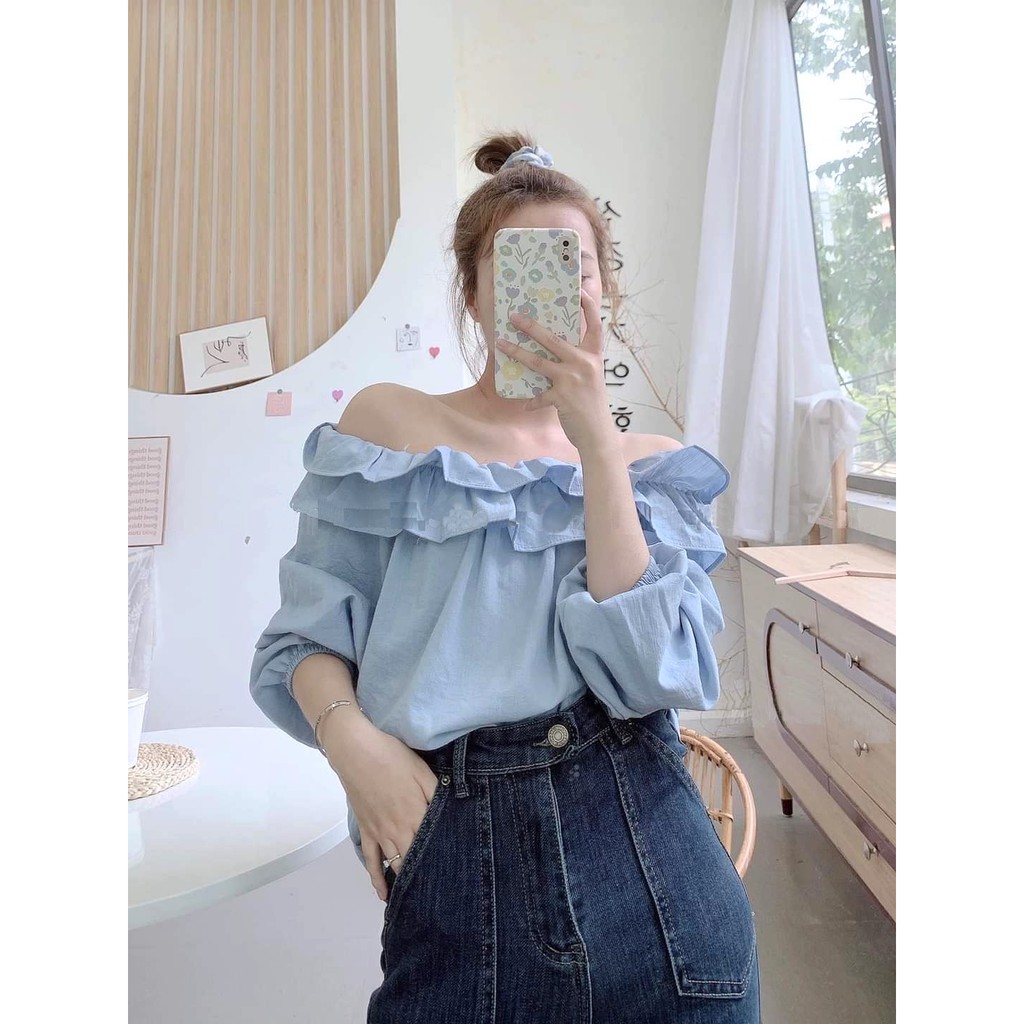 Áo Trễ Vai Bèo Tay Lửng PEONYB Nữ [FREESHIP]  Thun đũi kiểu thiết kế bánh bèo tiểu thư màu XANH | TRẮNG Ulzzang