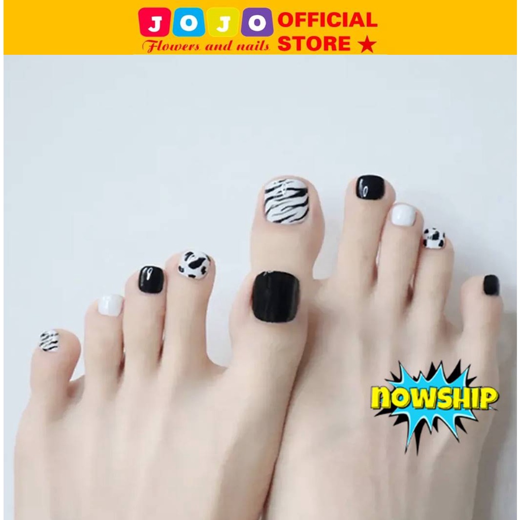 Bộ 24 móng chân giả họa tiết đen trắng cá tính sang chảnh J149 Jojo móng giả móng úp rẻ trẻ đẹp kèm keo gắn móng