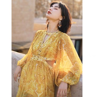 Đầm maxi boho vàng khoét eo cao cấp- ord