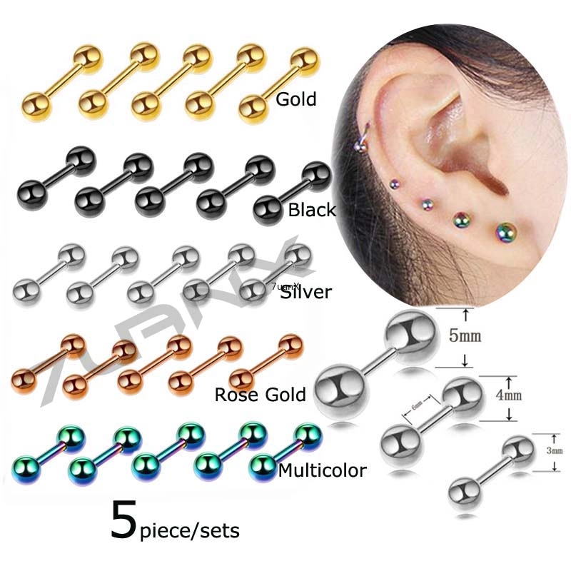 Set 5 khuyên tai hình thanh tạ 1.2mm (16G) thiết kế đơn giản cá tính