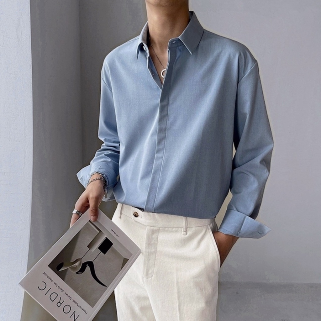 Áo sơ mi form rộng tay dài unisex nam nữ phong cách hàn quốc trẻ trung vải lụa mềm mịn mát ít nhăn-SMD08