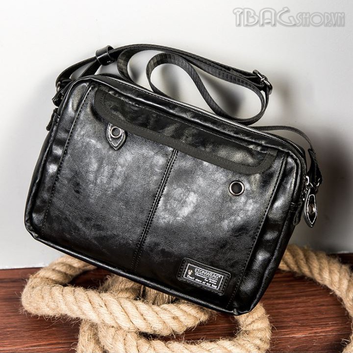 Túi đeo chéo nam - Túi đựng ipad ETONWEAG - Cao Cấp - Chất liệu da (Màu đen) - Mã DP1015