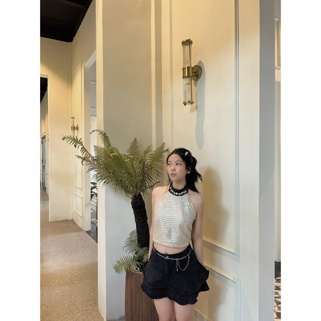 Áo cổ yếm kim sa lấp lánh cổ đính kết sang chảnh tiểu thư thiết kế Bonheur Bling Top