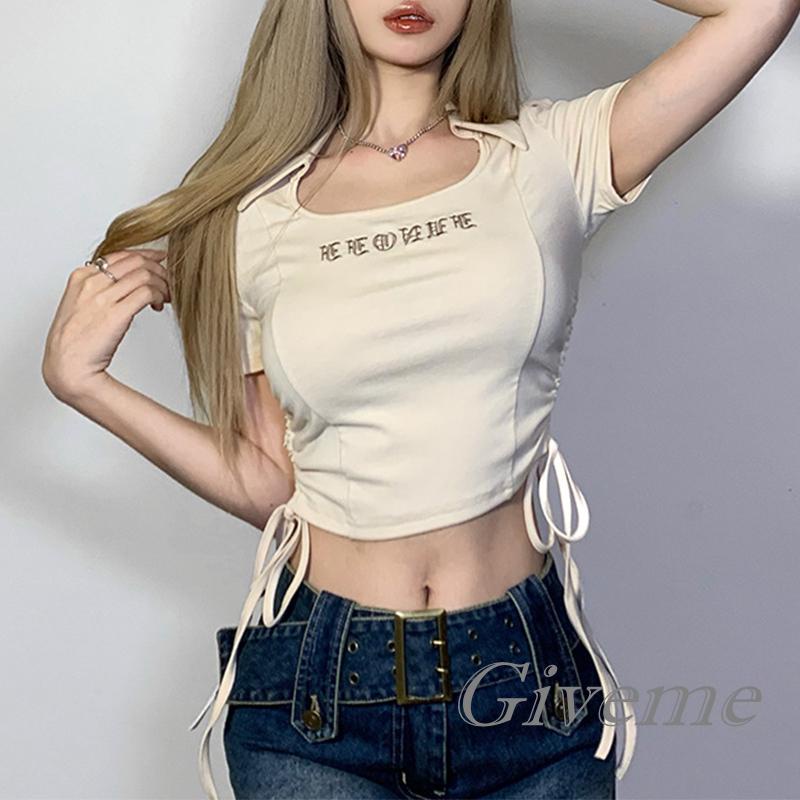 Áo Thun Croptop Cổ Bẻ Tay Ngắn Thêu Chữ Phối Dây Rút Thời Trang Mùa Hè Cho Nữ