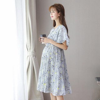 Váy bầu (Đầm bầu) voan lụa hoa xanh cao cấp hè 2019