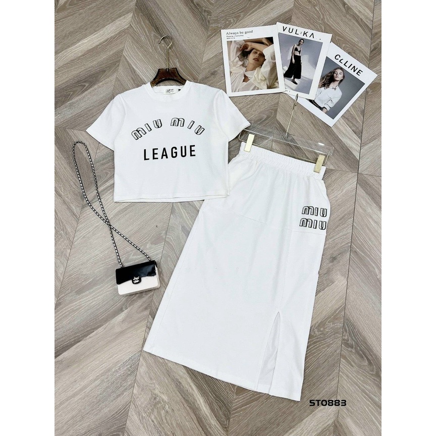 Set bộ đi chơi nữ chất thun gân áo croptop kèm chân váy xẻ tà họa tiết miumiu