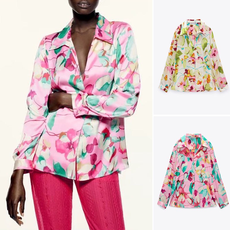 Zara Áo Sơ Mi Vải Lụa satin In Hoa Kiểu retro Thời Trang Mùa Hè Năng Động 2761239