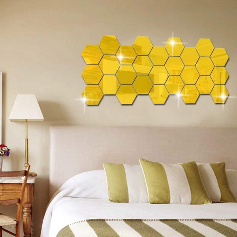 1 Miếng Dán Tường Acrylic Hình Lục Giác 3D Tráng Gương DIY Trang Trí Nhà Cửa