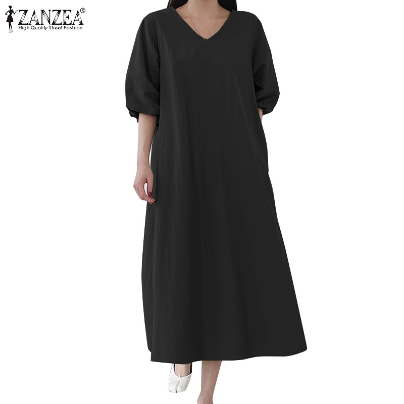 Đầm maxi ZANZEA tay lửng cổ chữ V thời trang Hàn Quốc dành cho bạn nữ