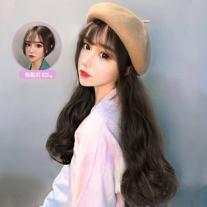 Hàng Có Sẵn Mũ Beret Che Nắng Phối Tóc Giả Xoăn Dài Thời Trang Mùa Thu Phong Cách Hàn Quốc Dễ Phối Đồ Dành Cho Bạn Nữ
