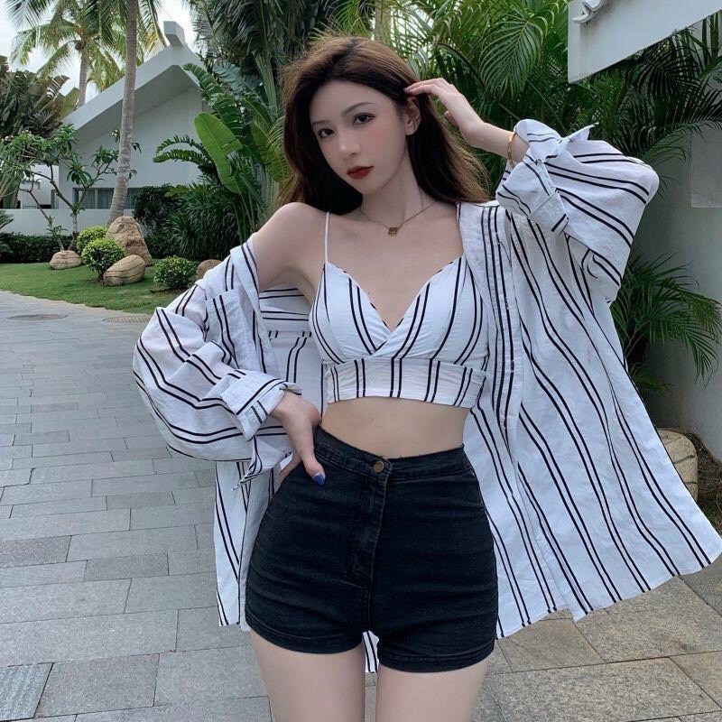 Set áo bara bikini kèm áo khoác sọc 🌱🌱🌱c