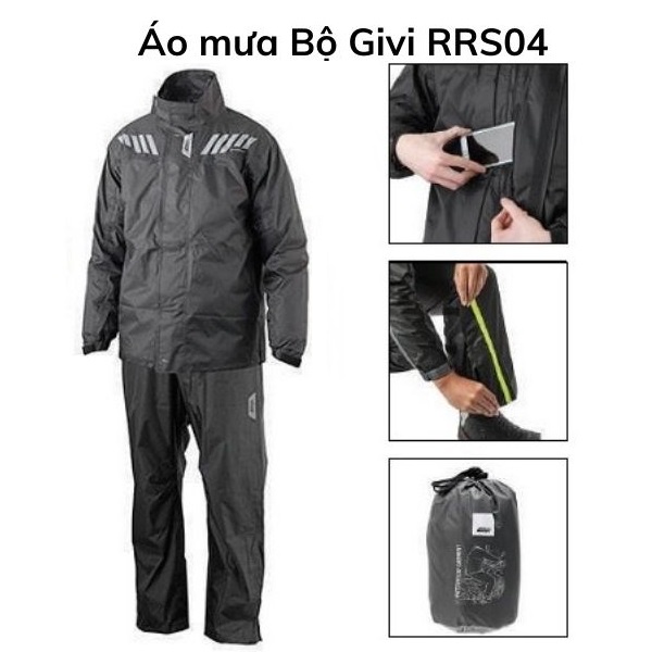 Áo Mưa Bộ GIVI Rrs04 Rider Tech | Rain Suit Black Grey | Dành Cho Người Đi Xe Máy Đường Xa, Chống Mưa / Nắng Tốt