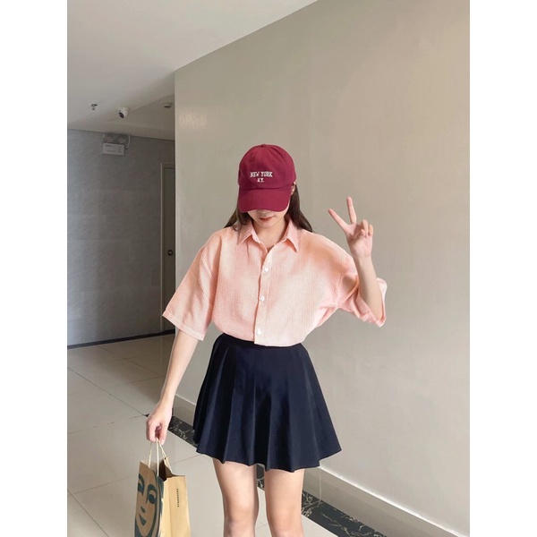 Áo sơ mi cộc tay kẻ sọc chất xốp form rộng oversize l