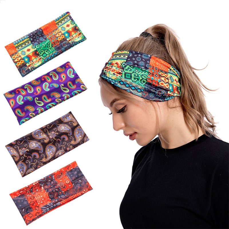 Băng Đô Turban Bản Rộng Co Giãn Chống Trượt In Họa Tiết Phong Cách Boho Dùng Khi Tập Yoga / Chạy Bộ