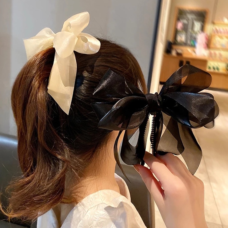 Kẹp Tóc Nơ Hai Lớp Màu Đen / Be Thời Trang Xinh Xắn Cho Nữ