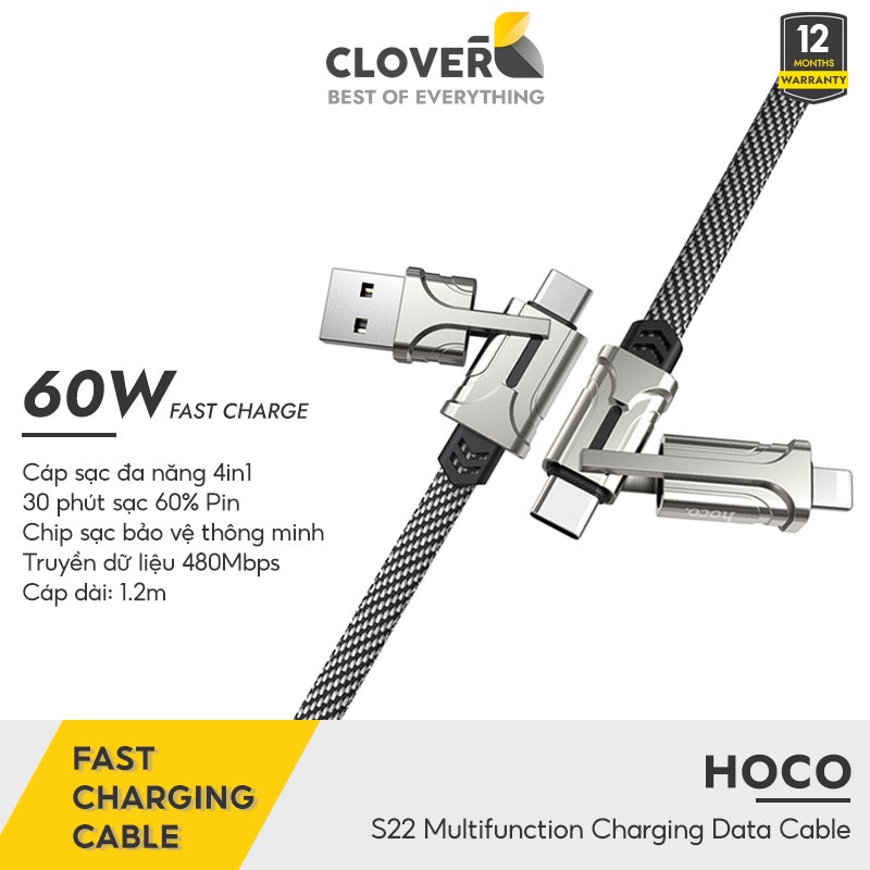 Cáp Sạc Nhanh Hoco S22 4 Trong 1 Siêu Bền Chống Đứt Gãy Chip Sạc Thông Minh Không Nóng Bảo Vệ Pin cho Laptop Samsung IP