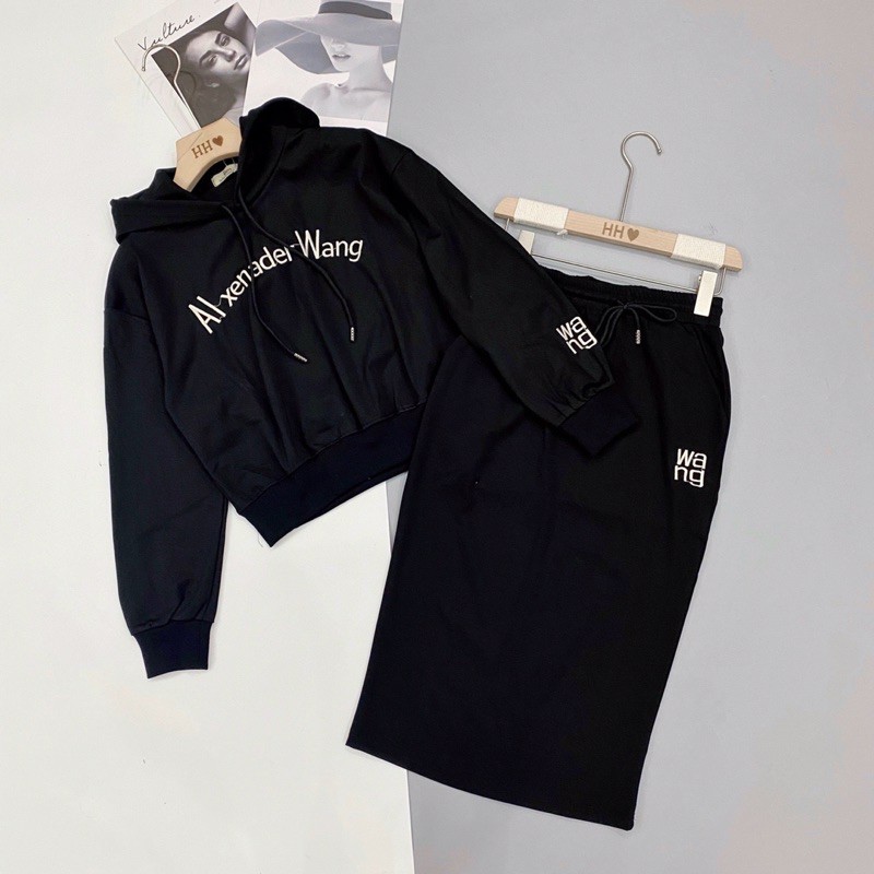 S0274 Set Váng Wa Cá Tính Phối Áo Hoodie Thêu Chữ Nổi và Chân Váy Dài Chữ A