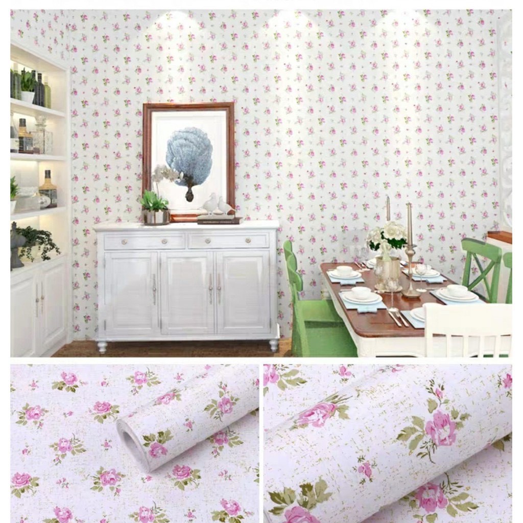 DECAL 1M PVC giấy dán tường khổ 45cm hoa hồng nhí nền trắng