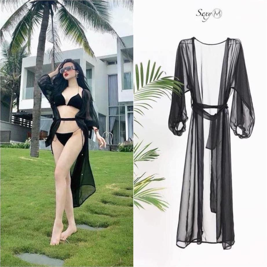 Áo Khoác Kimono Đi Biển Dáng Dài Hai Màu, Áo Choàng Bikini Voan Tay Kiểu [Ảnh Chụp Thật] - OK009  ྇