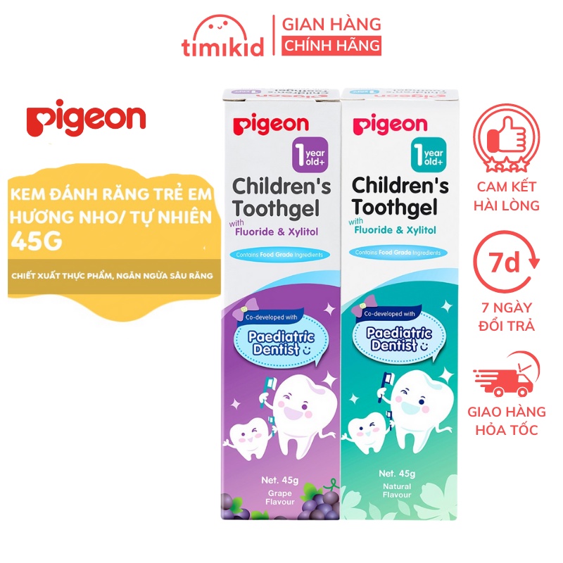 Kem đánh răng Pigeon 45g cho bé từ 1 tuổi - Hương Dâu/ Nho/ Hương Tự nhiên và Trái Cây Nhiệt Đới - Timikid