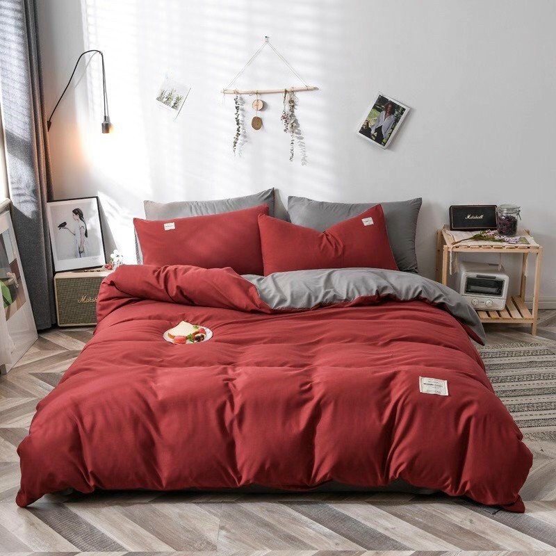 BỘ CHĂN GA GỐI COTTON TICI CAO CẤP ( CHĂN ĐÃ TRẦN BÔNG) MÀU ĐỎ GHI - ĐỦ KÍCH THƯỚC