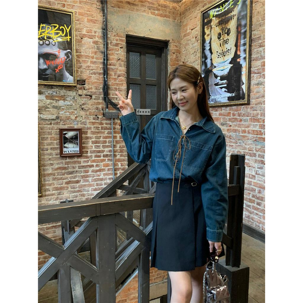 Áo Sơ Mi denim Dài Tay Trơn Màu Cột Dây 67682