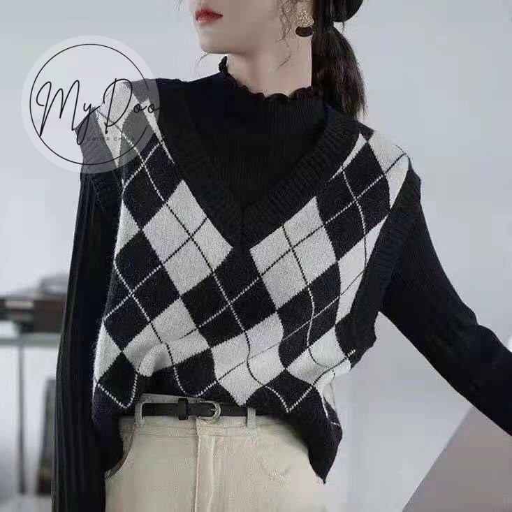 Áo gile caro Đỏ/ Đen ⚡️HÀNG LOẠI I ⚡️ áo ghi lê len nữ thì phong cách Hàn Quốc-  GL15 | BigBuy360 - bigbuy360.vn