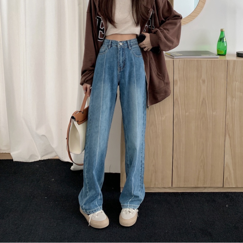 Quần jean ống rộng lưng cao kiểu dáng đơn giản hợp thời trang
