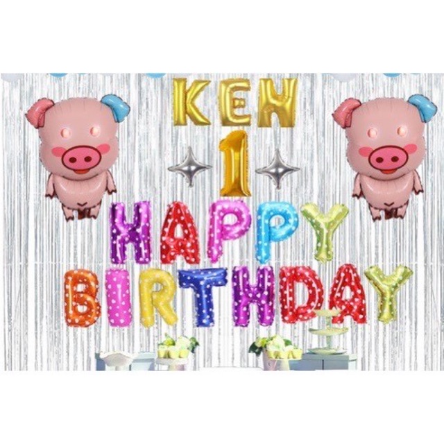 Trang trí sinh nhật 2 rèm, bộ bóng chữ happy birthday, 50 bóng nhũ, 2 bóng heo,  tuổi bé, thôi nôi, đầy tháng