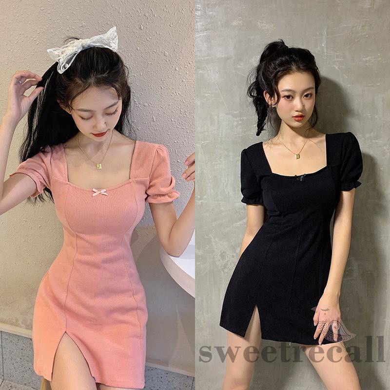 Đầm Ngắn Tay Phồng Cổ Vuông Màu Sắc Tươi Tắn Cho Nữ