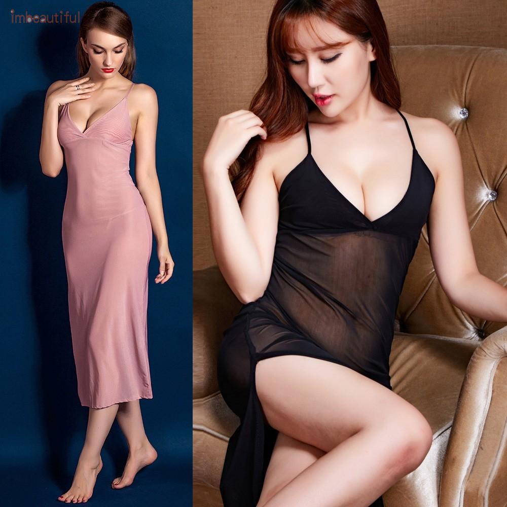 Đầm ngủ hai dây cổ chữ V phối lưới gợi cảm hàng mới và chất lượng cao cho nữ