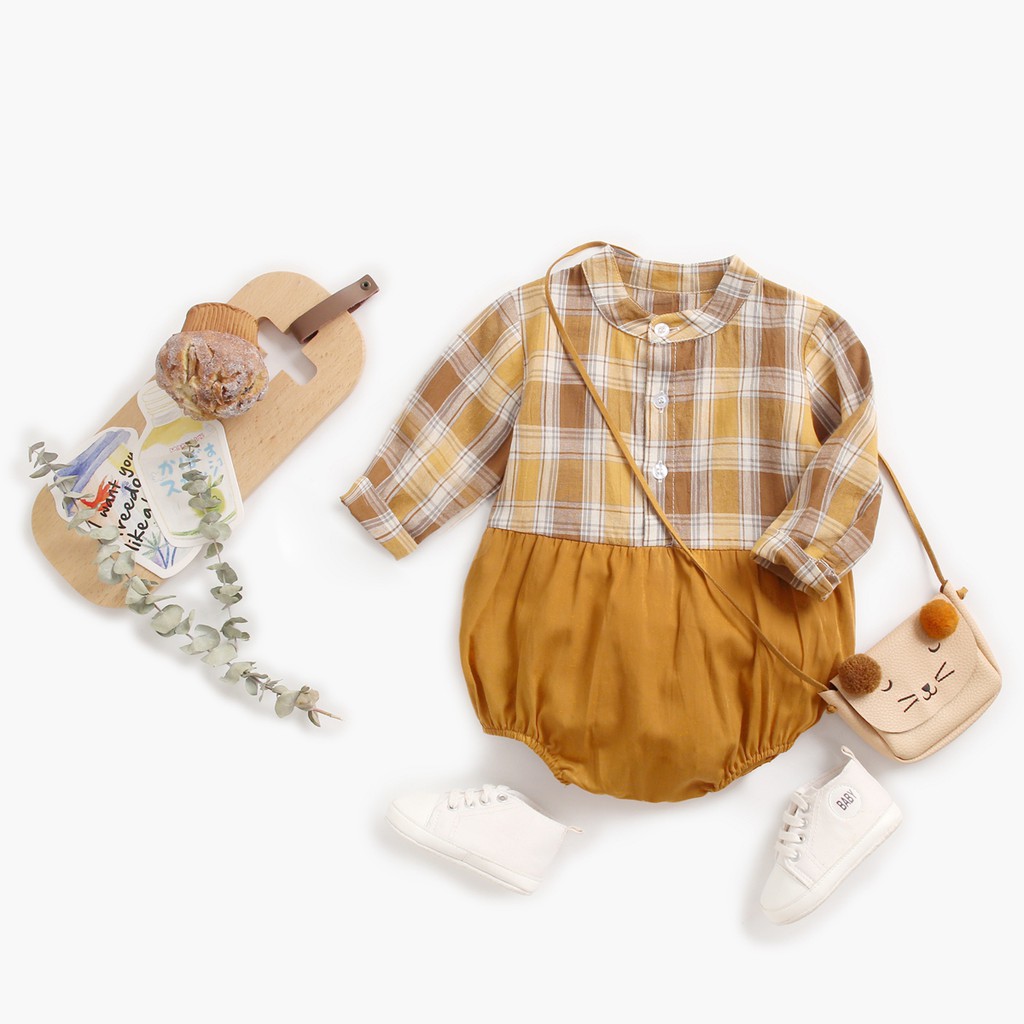 Bộ Đồ Liền Thân Sanlutoz Tay Dài Từ Cotton Họa Tiết Caro Thời Trang Mùa Thu Dành Cho Bé