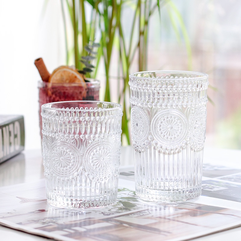 Cốc thủy tinh pha lê trắng chịu nhiệt 280ml-380ml họa tiết trống đồng tinh tế sang trọng