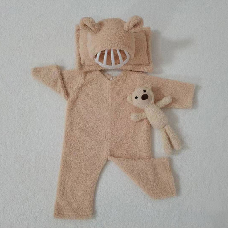 Bộ 4 Món Áo Liền Quần + Nón + Gấu Nhồi Bông Giữ Ấm Dùng Chụp Ảnh Cho Bé