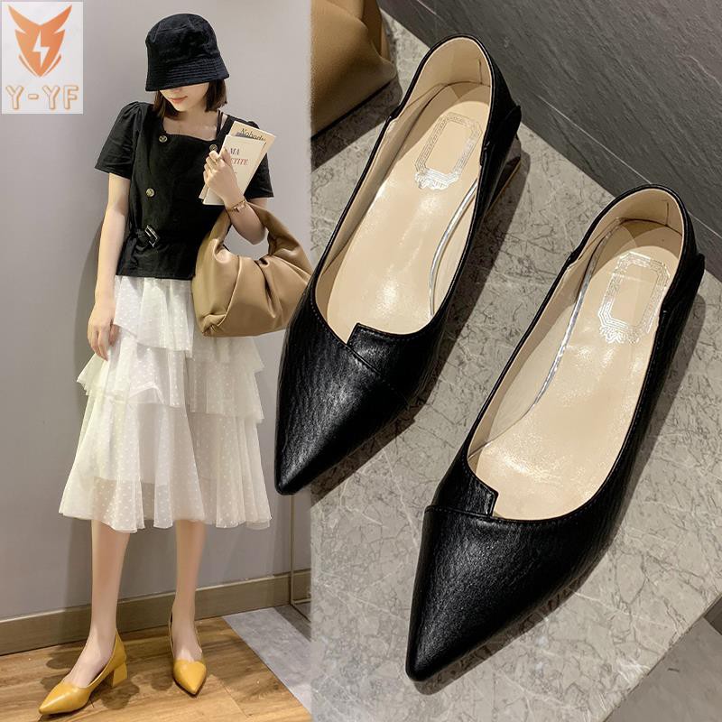 [High quality]Work shoes female black 2021 new autumn pointed shallow mouth mid-heel thick heel high heels professional all-match single shoes