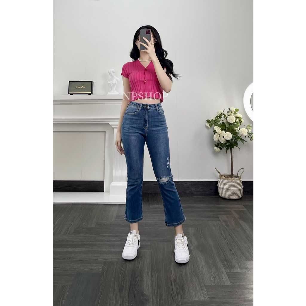 Quần jean nữ ống loe 9 tấc lưng cao rách đùi NPQ055