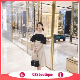 Set Áo Trễ Vai Đen Cách Điệu Mix Chân Váy Lệch Vạt Be Ulzzang