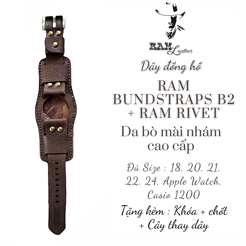 Combo dây đồng hồ da bò kiểu quân đội RAM Leather B2 Rivet vintage mài nhám đủ size - tặng khóa chốt và cây thay dây