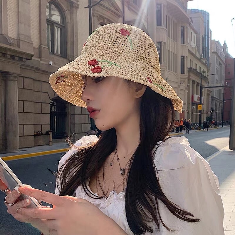Nón cói đi biển rộng vành thêu cherry phong cách Hàn Quốc-Hàng Cói