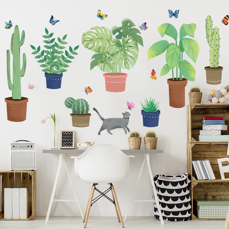 [ĐẠI HẠ GIÁ] Decal dán tường nhiều chi tiết chậu cây xanh và động vật, tranh trang trí phòng khách, phòng ngủ siêu đẹp