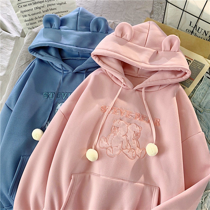 Áo Hoodie Dáng Rộng Thêu Hình Tai Gấu Dễ Thương Cho Nữ