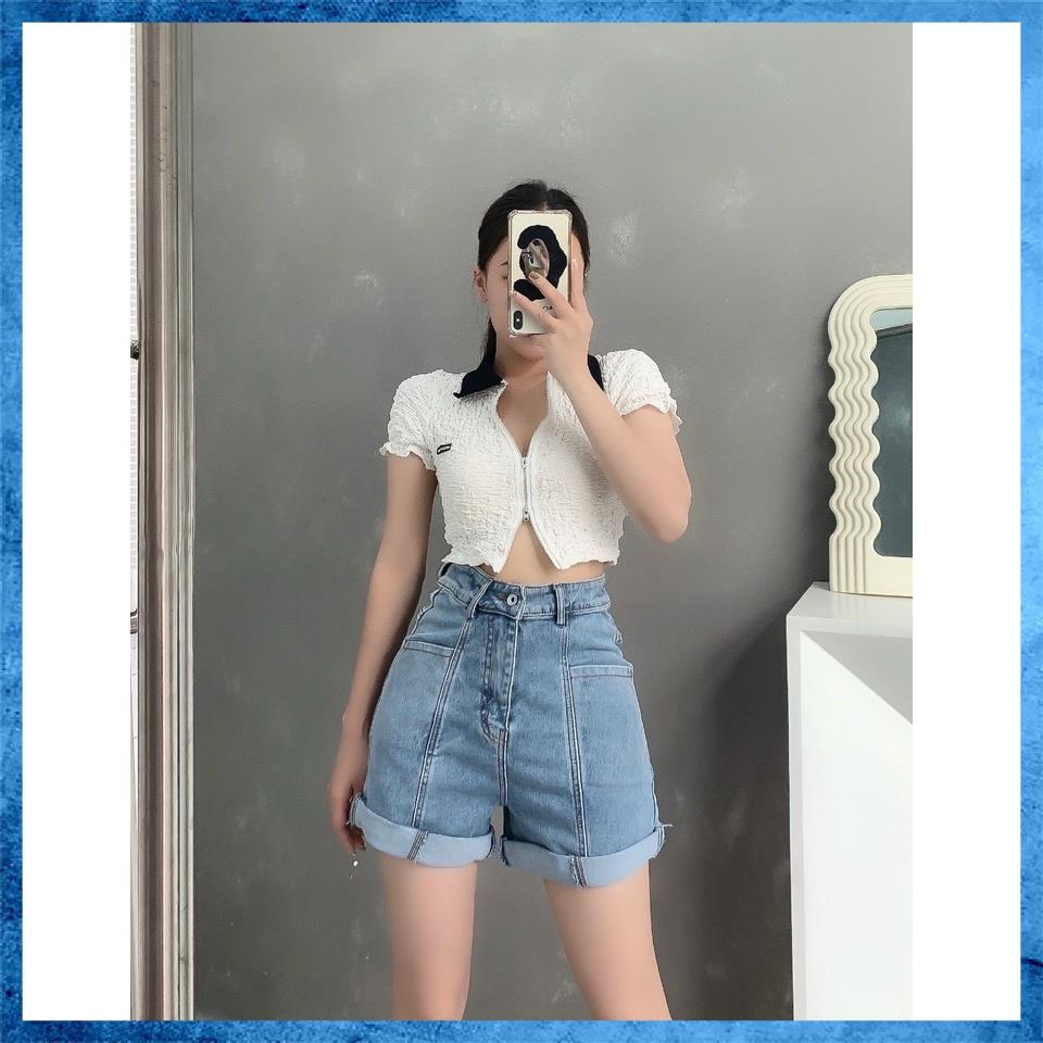 Quần shorts jeans, quần sooc bò trơn lưng cao túi chéo gập gấu phối gân dọc M5115
