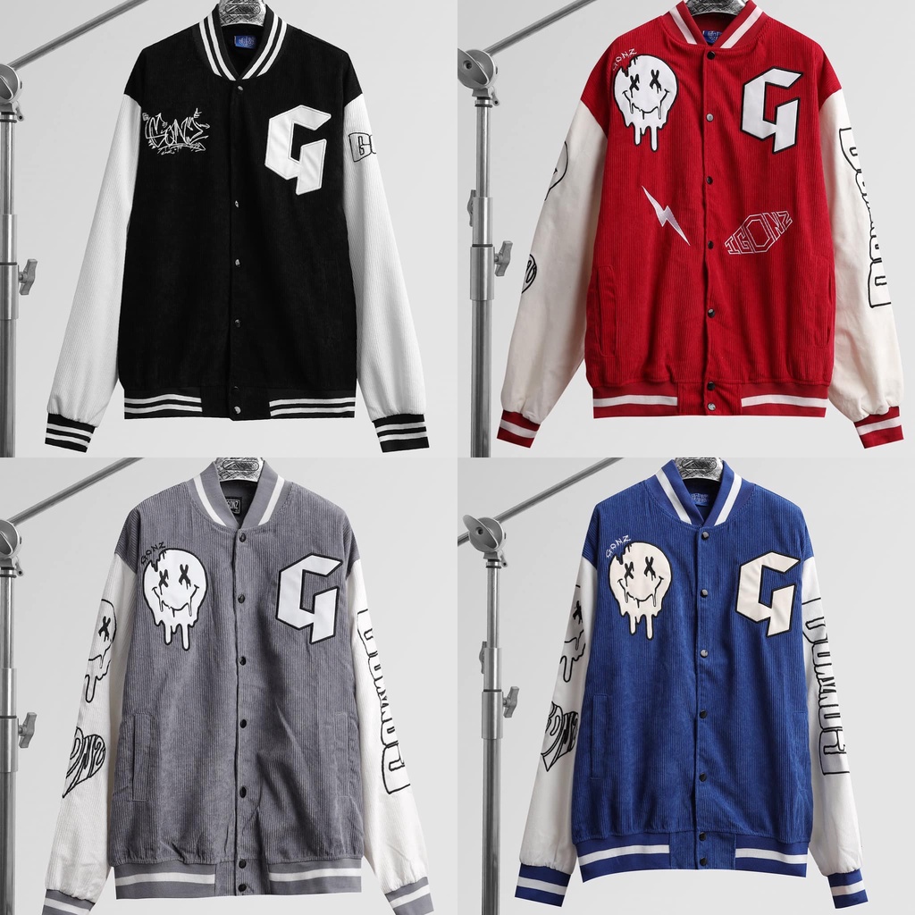 Áo Khoác Varsity nam nữ , Gonz Bóng chày .Unisex Form rộng nhung tăm 2 lớp Hình thêu 100%3 màu